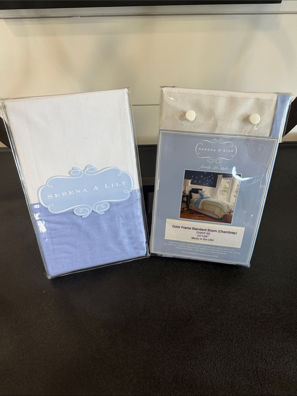 NWT (2) Serena & Lily Color Frame Standard Shams with Chambray Frame